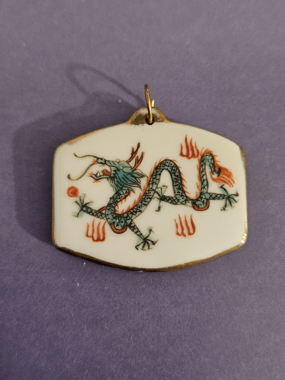Vintage Porcelain Dragon Pendant Charm - White and Green